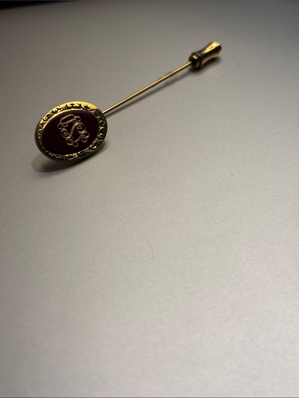 Gold-Tone Oval Monogram Stick Pin with Red Enamel